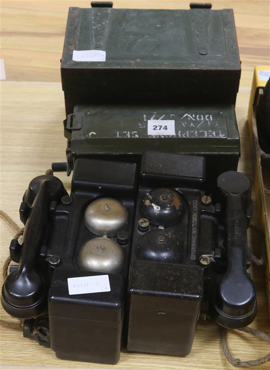 Three British military field telephone set F (one boxed) and a similar telephone set J